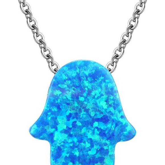 Hamsa Hand Pendant Necklace Sterling Silver Created Fire Opal Adjustable Cable B - Picture 1 of 5